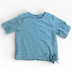 Minibee Linen Blend Short Sleeve Side-Tie Top Women’s XL Blue Back Buttons EUC